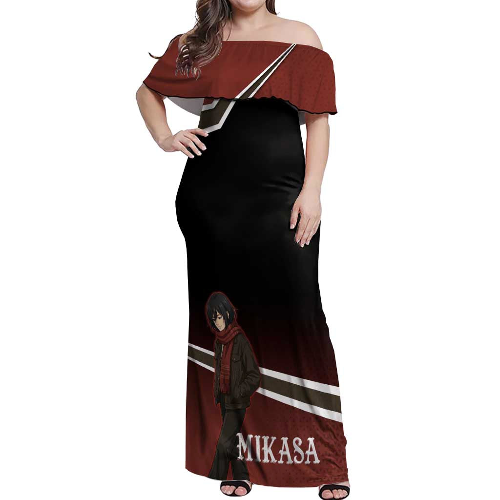 Mikasa Attack on Titan Off Shoulder Maxi Dress Anime Cozy Streetwear Art