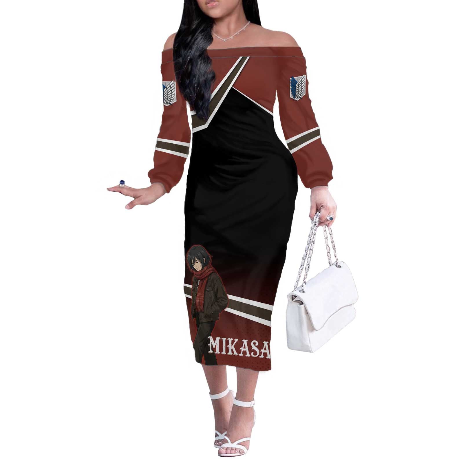 Mikasa Attack on Titan Off The Shoulder Long Sleeve Dress Anime Cozy Streetwear Art
