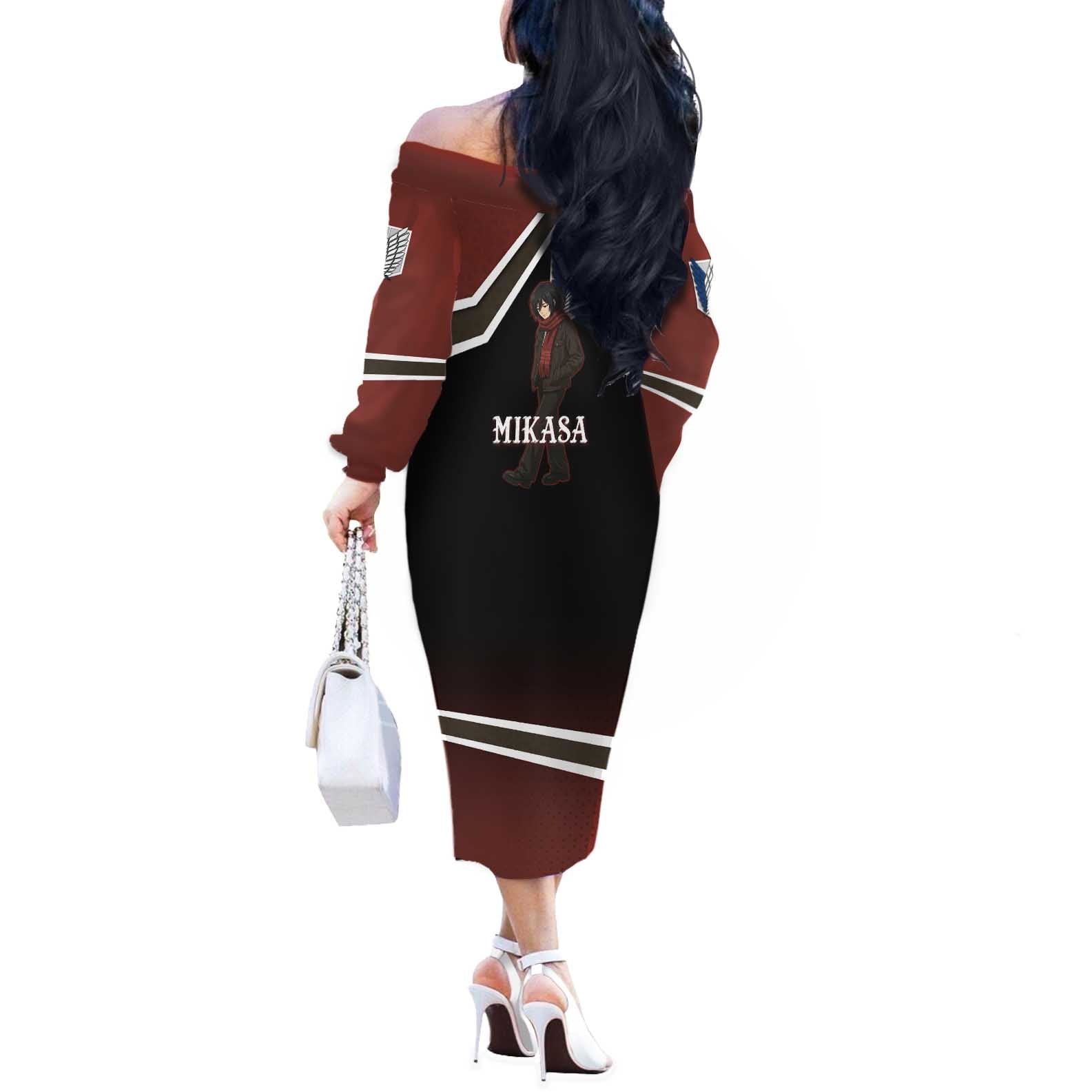 Mikasa Attack on Titan Off The Shoulder Long Sleeve Dress Anime Cozy Streetwear Art