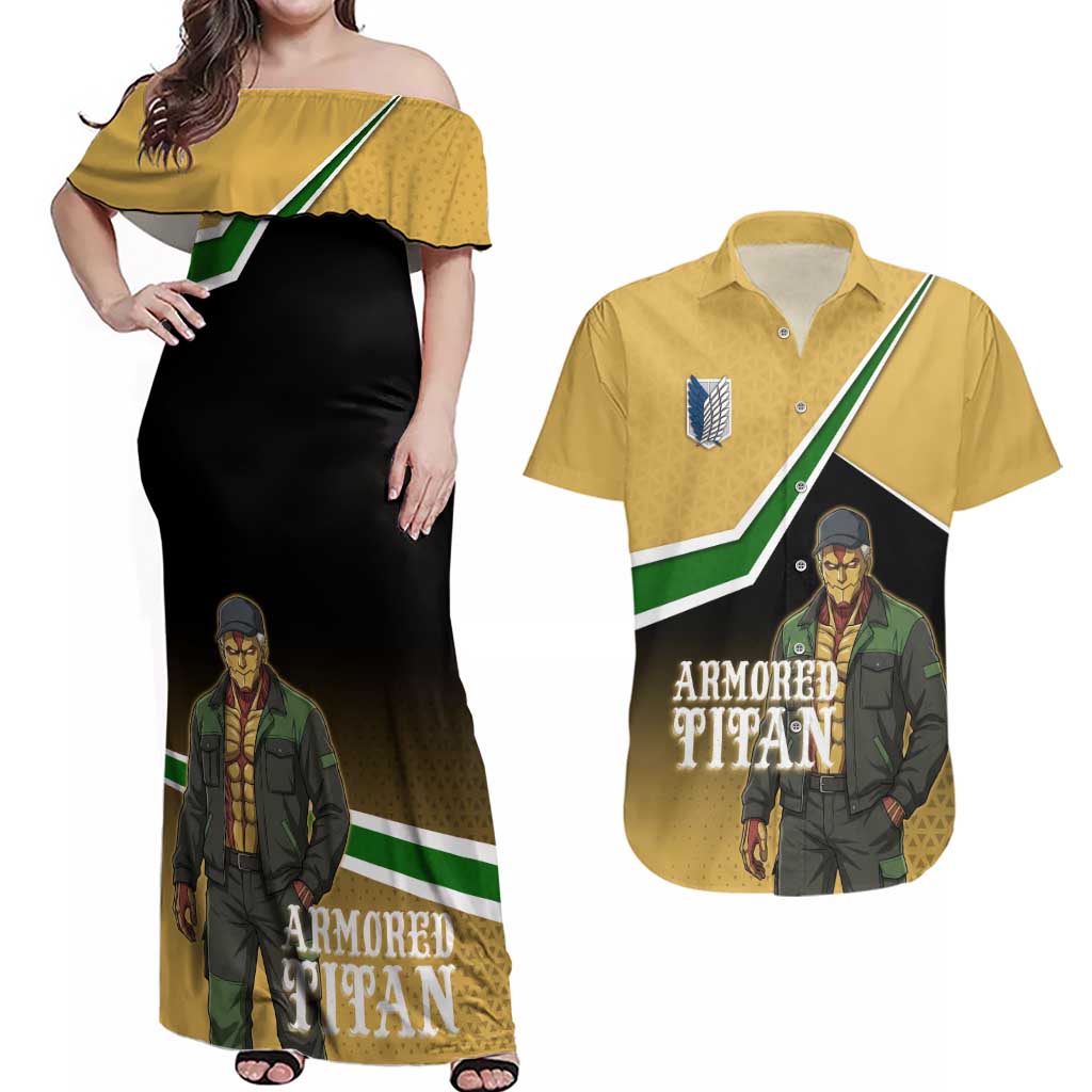 Armored Titan Attack on Titan Couples Matching Off Shoulder Maxi Dress and Hawaiian Shirt Anime Urban Warrior Style