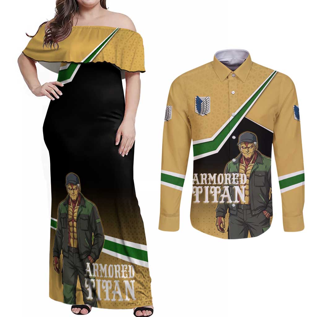 Armored Titan Attack on Titan Couples Matching Off Shoulder Maxi Dress and Long Sleeve Button Shirt Anime Urban Warrior Style
