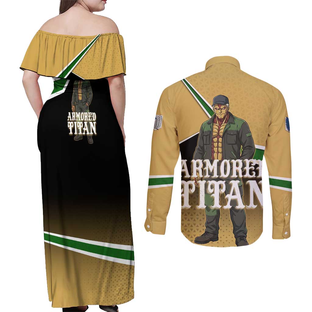Armored Titan Attack on Titan Couples Matching Off Shoulder Maxi Dress and Long Sleeve Button Shirt Anime Urban Warrior Style