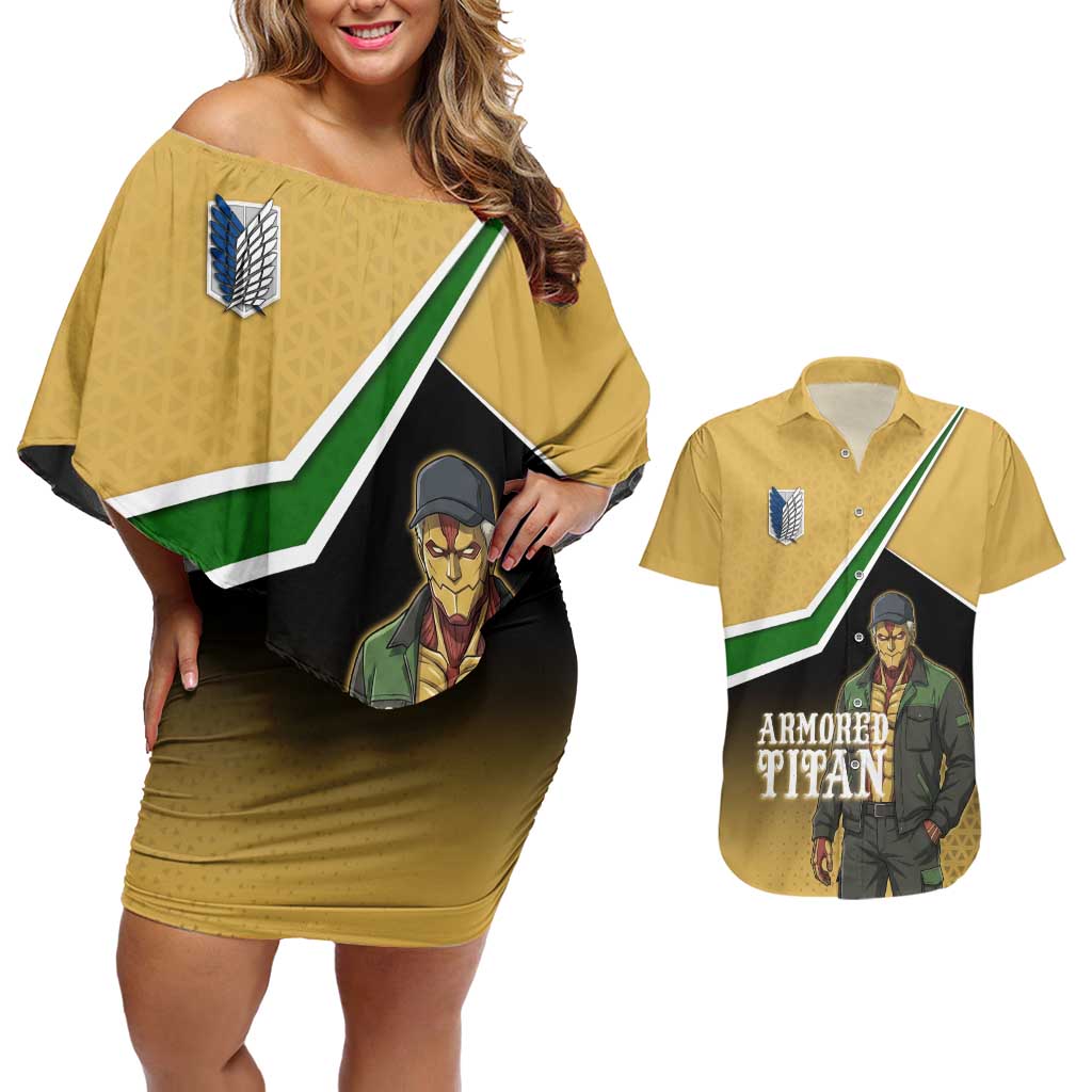 Armored Titan Attack on Titan Couples Matching Off Shoulder Short Dress and Hawaiian Shirt Anime Urban Warrior Style