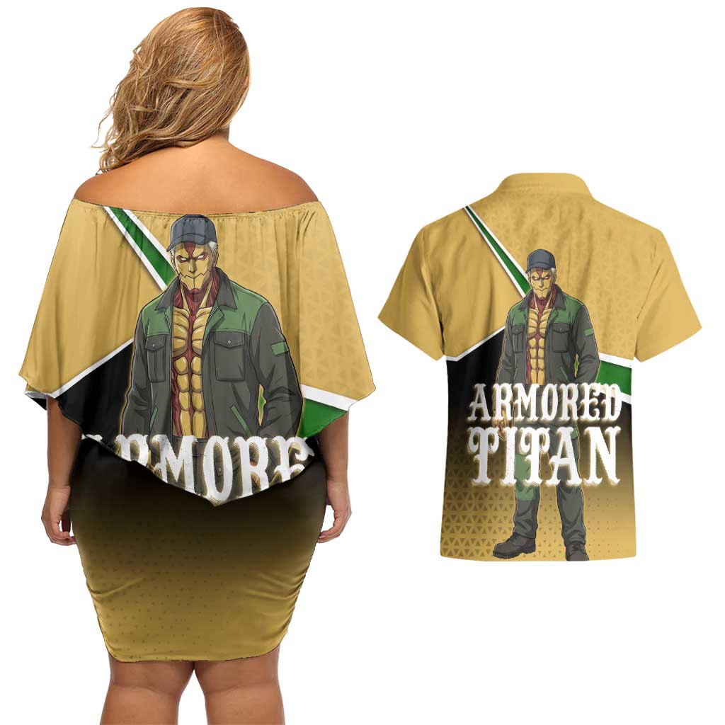 Armored Titan Attack on Titan Couples Matching Off Shoulder Short Dress and Hawaiian Shirt Anime Urban Warrior Style