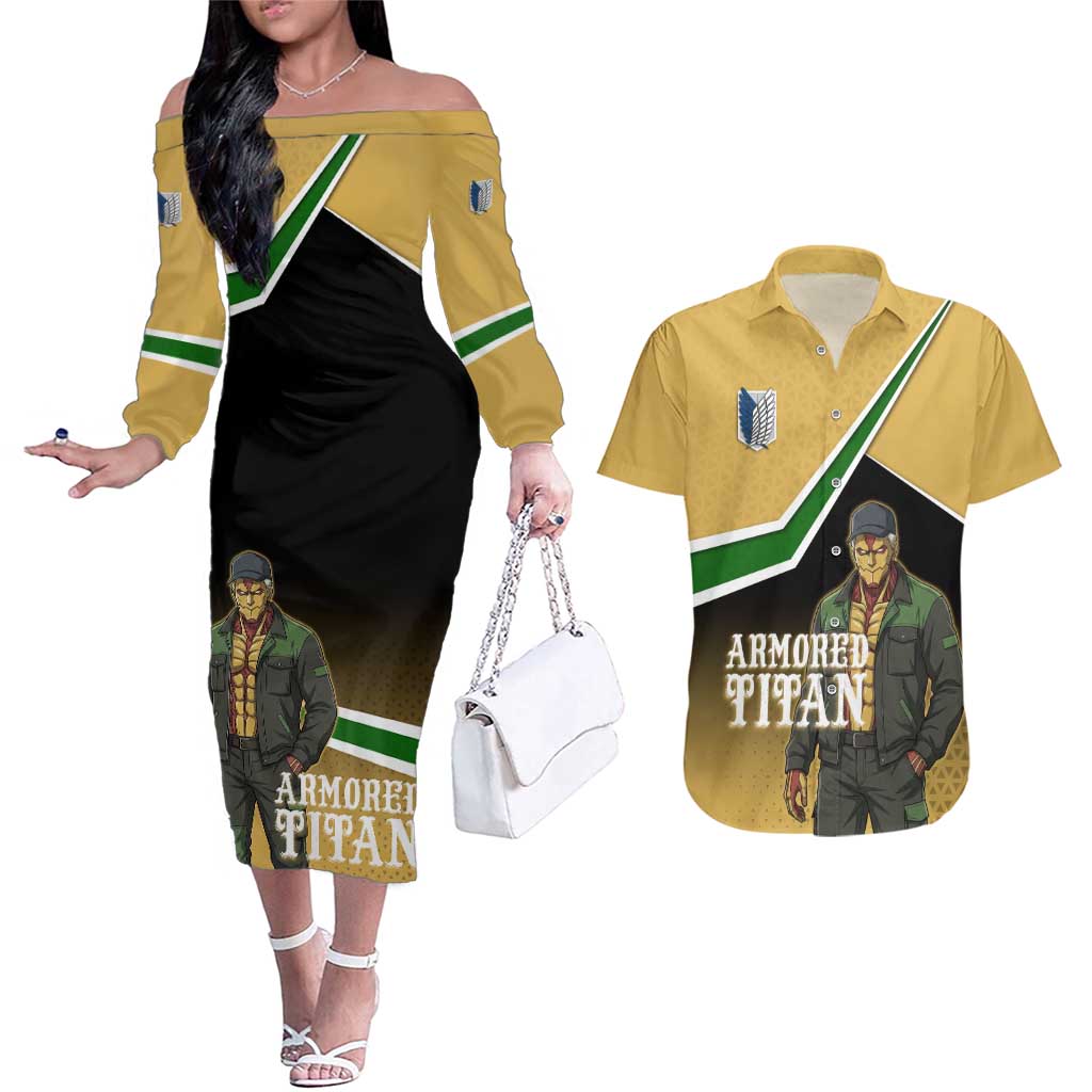 Armored Titan Attack on Titan Couples Matching Off The Shoulder Long Sleeve Dress and Hawaiian Shirt Anime Urban Warrior Style