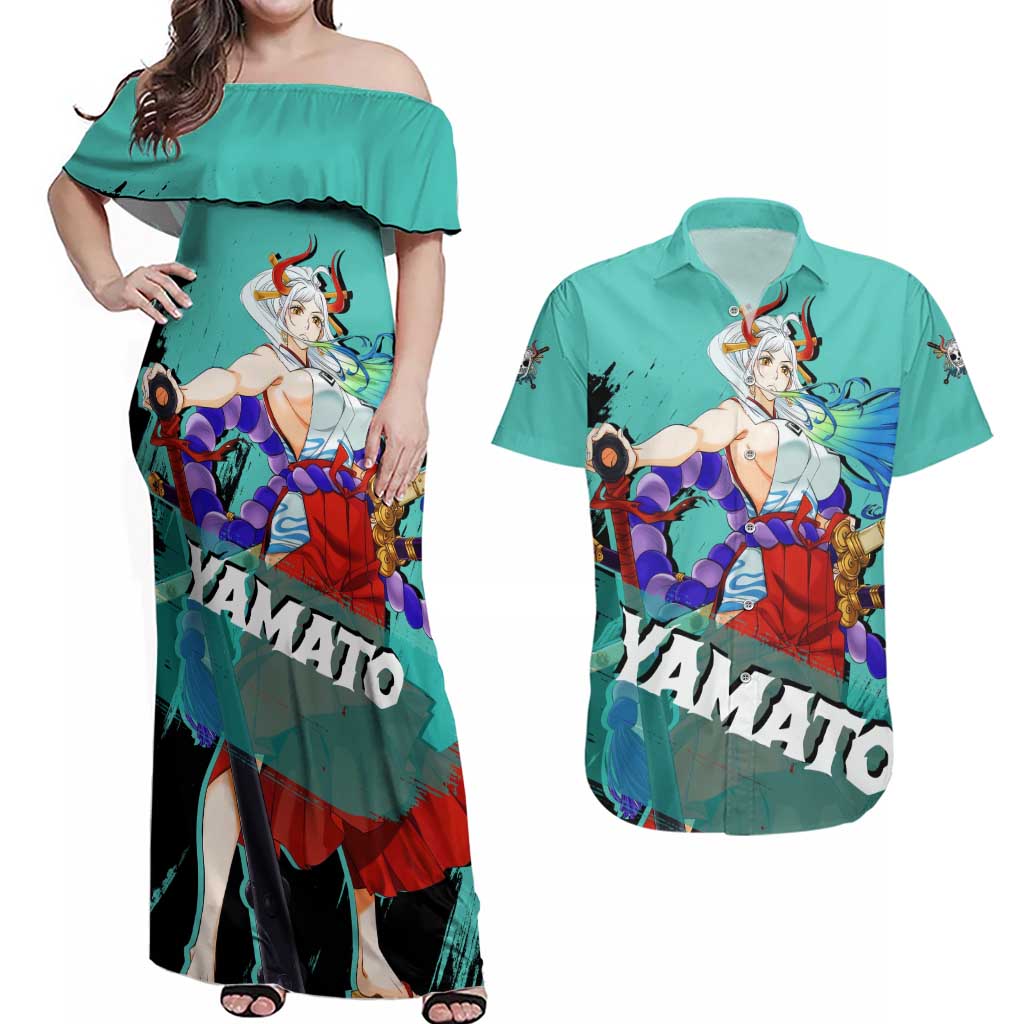 Yamato - One Piece Couples Matching Off Shoulder Maxi Dress and Hawaiian Shirt Anime Style