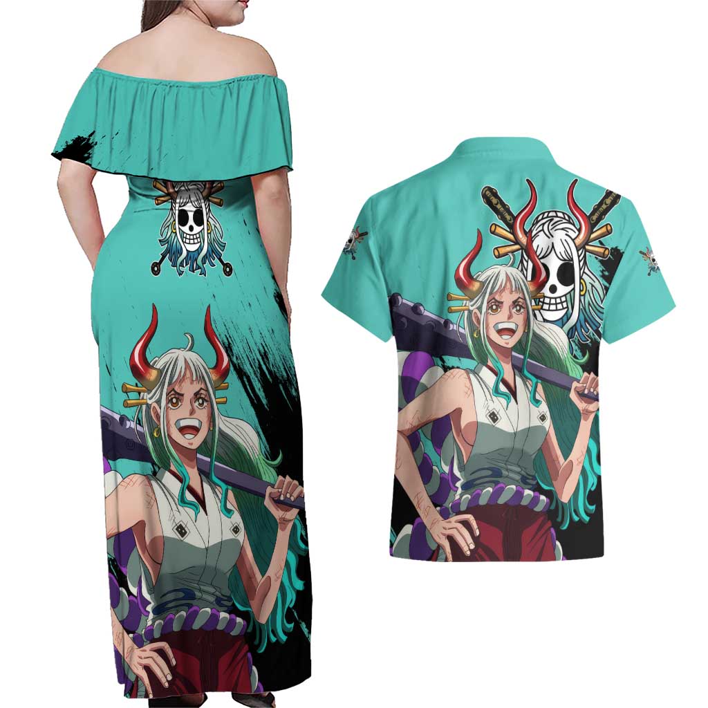 Yamato - One Piece Couples Matching Off Shoulder Maxi Dress and Hawaiian Shirt Anime Style