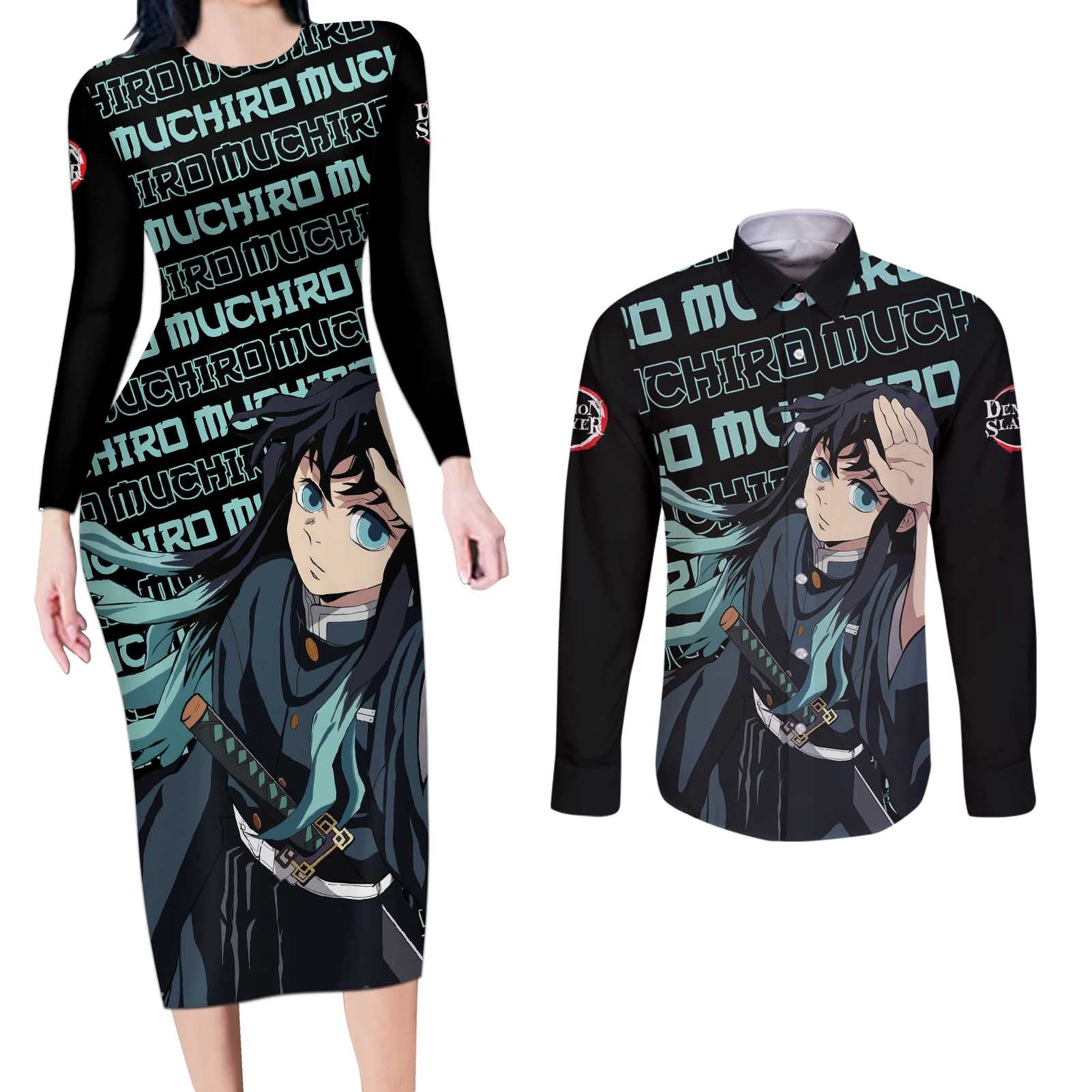 Muichiro Tokito - Demon Slayer Couples Matching Long Sleeve Bodycon Dress and Long Sleeve Button Shirt Anime Mix Pattern Style