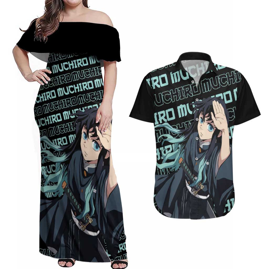 Muichiro Tokito - Demon Slayer Couples Matching Off Shoulder Maxi Dress and Hawaiian Shirt Anime Mix Pattern Style
