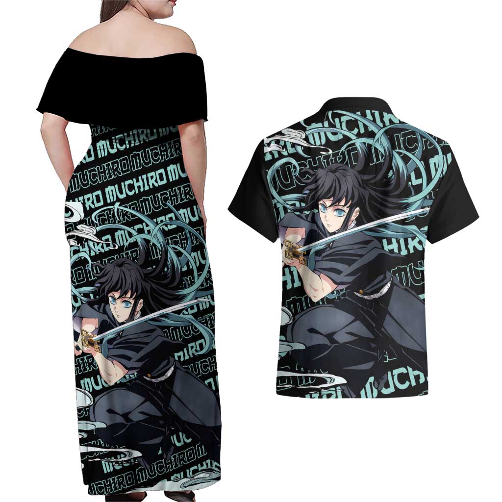 Muichiro Tokito - Demon Slayer Couples Matching Off Shoulder Maxi Dress and Hawaiian Shirt Anime Mix Pattern Style