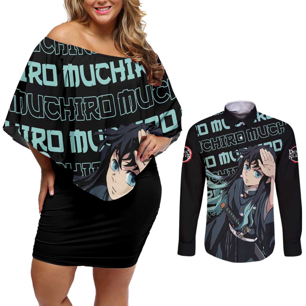 Muichiro Tokito - Demon Slayer Couples Matching Off Shoulder Short Dress and Long Sleeve Button Shirt Anime Mix Pattern Style