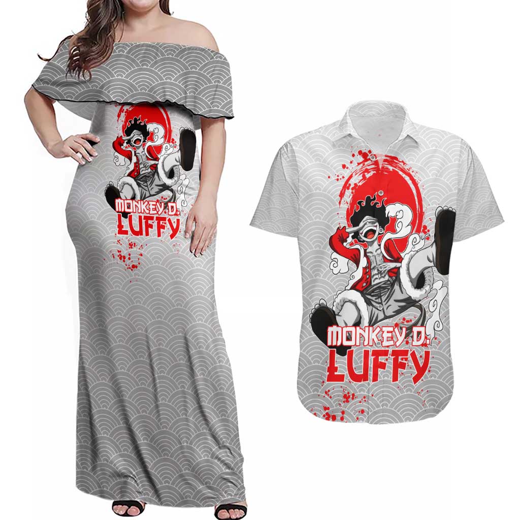 Luffy - One Piece Couples Matching Off Shoulder Maxi Dress and Hawaiian Shirt Anime Style