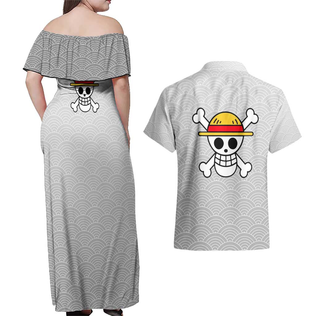 Luffy - One Piece Couples Matching Off Shoulder Maxi Dress and Hawaiian Shirt Anime Style