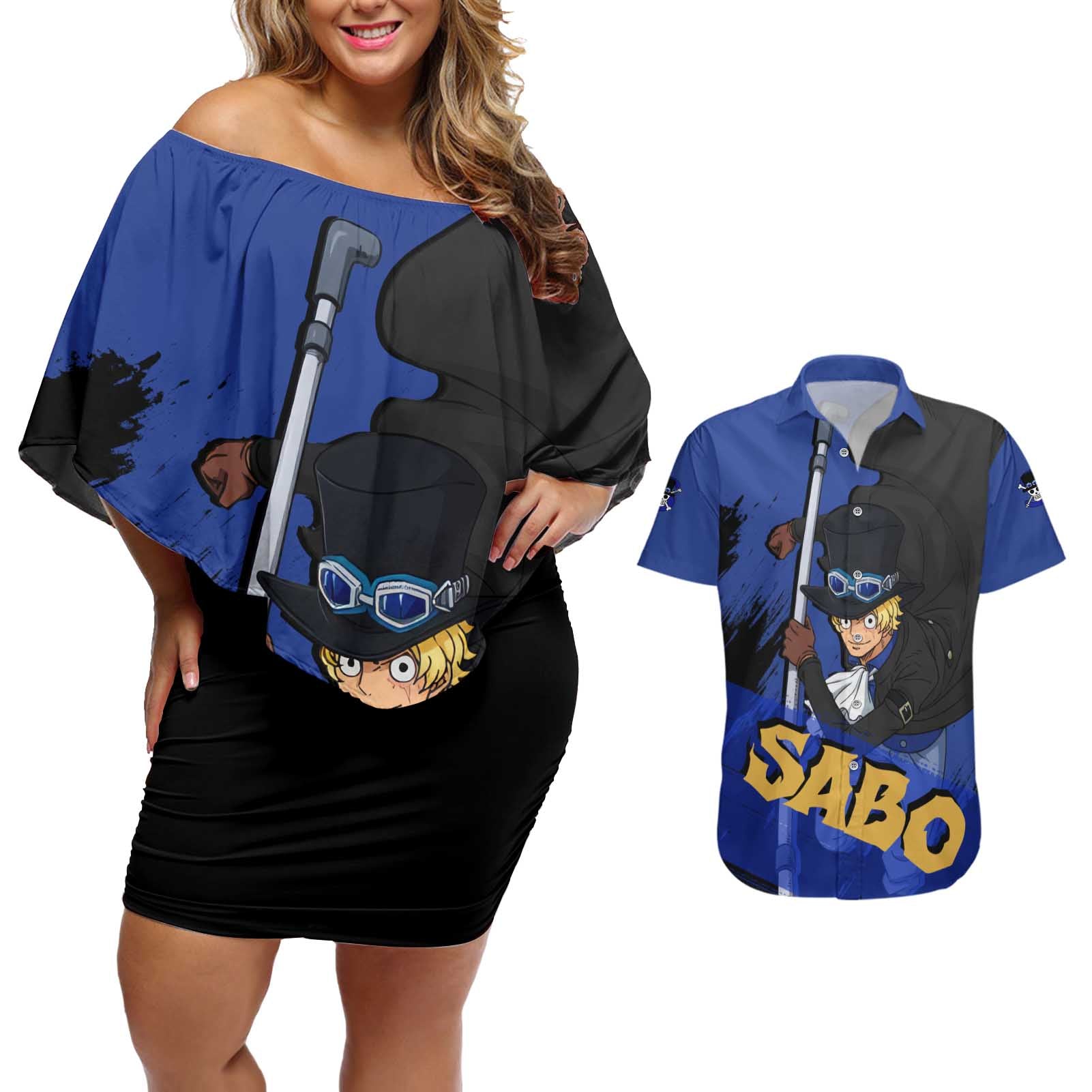Sabo - One Piece Couples Matching Off Shoulder Short Dress and Hawaiian Shirt Anime Style