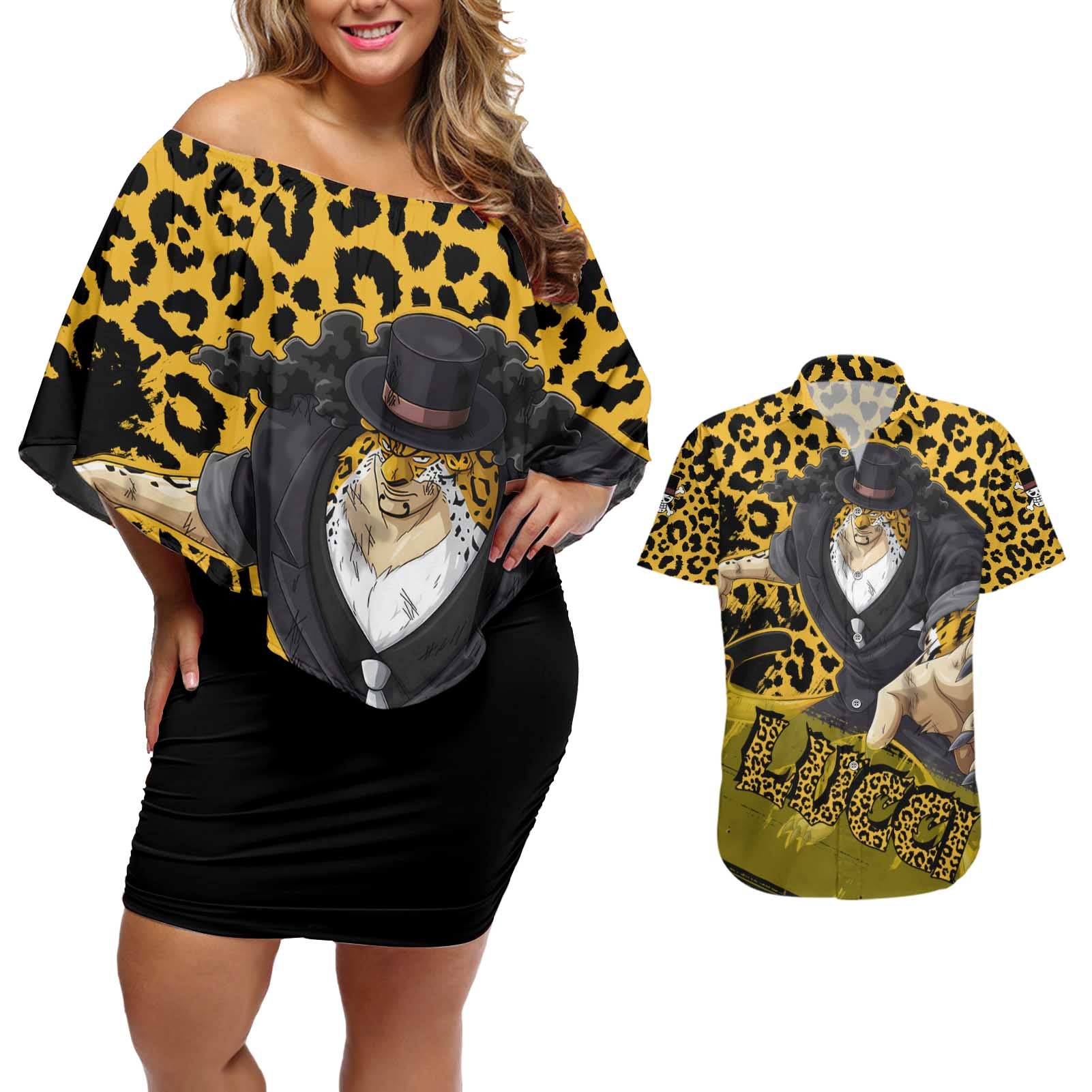 Rob Lucci - One Piece Couples Matching Off Shoulder Short Dress and Hawaiian Shirt Anime Style
