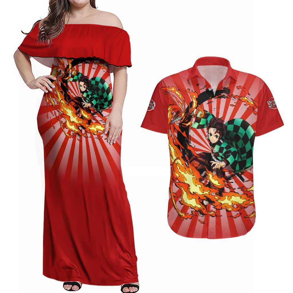 Tanjiro Kamado - Demon Slayer Couples Matching Off Shoulder Maxi Dress and Hawaiian Shirt Anime Style