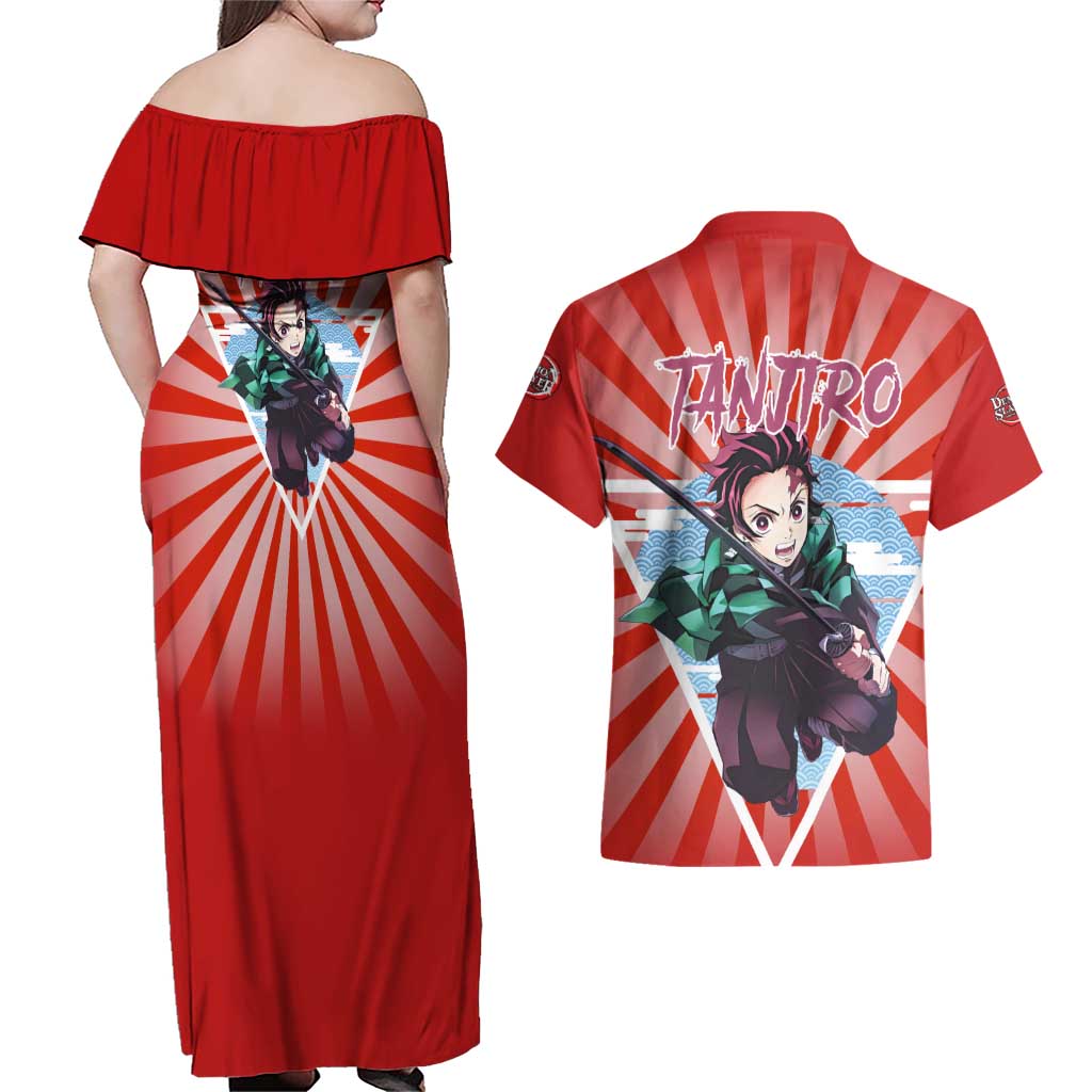 Tanjiro Kamado - Demon Slayer Couples Matching Off Shoulder Maxi Dress and Hawaiian Shirt Anime Style