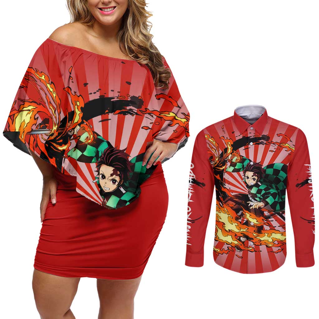 Tanjiro Kamado - Demon Slayer Couples Matching Off Shoulder Short Dress and Long Sleeve Button Shirt Anime Style