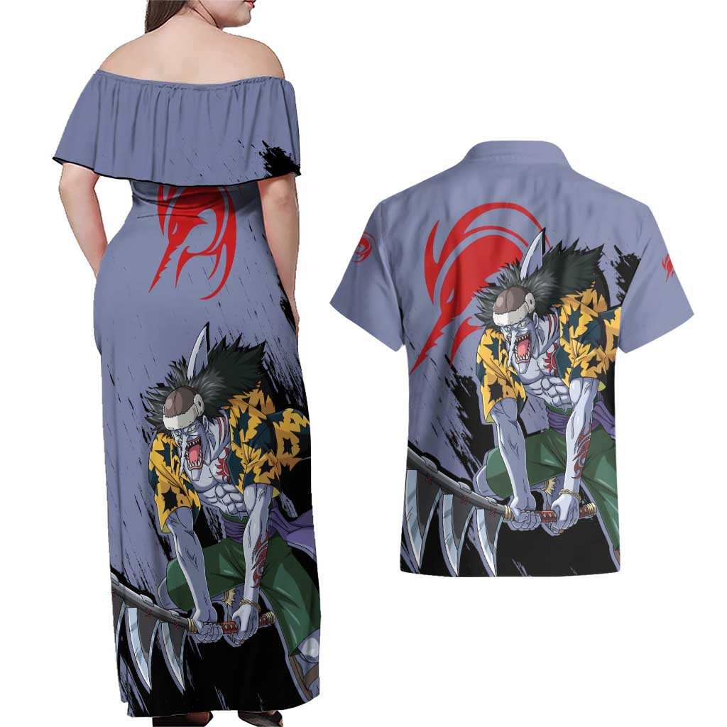 Arlong - One Piece Couples Matching Off Shoulder Maxi Dress and Hawaiian Shirt Anime Style