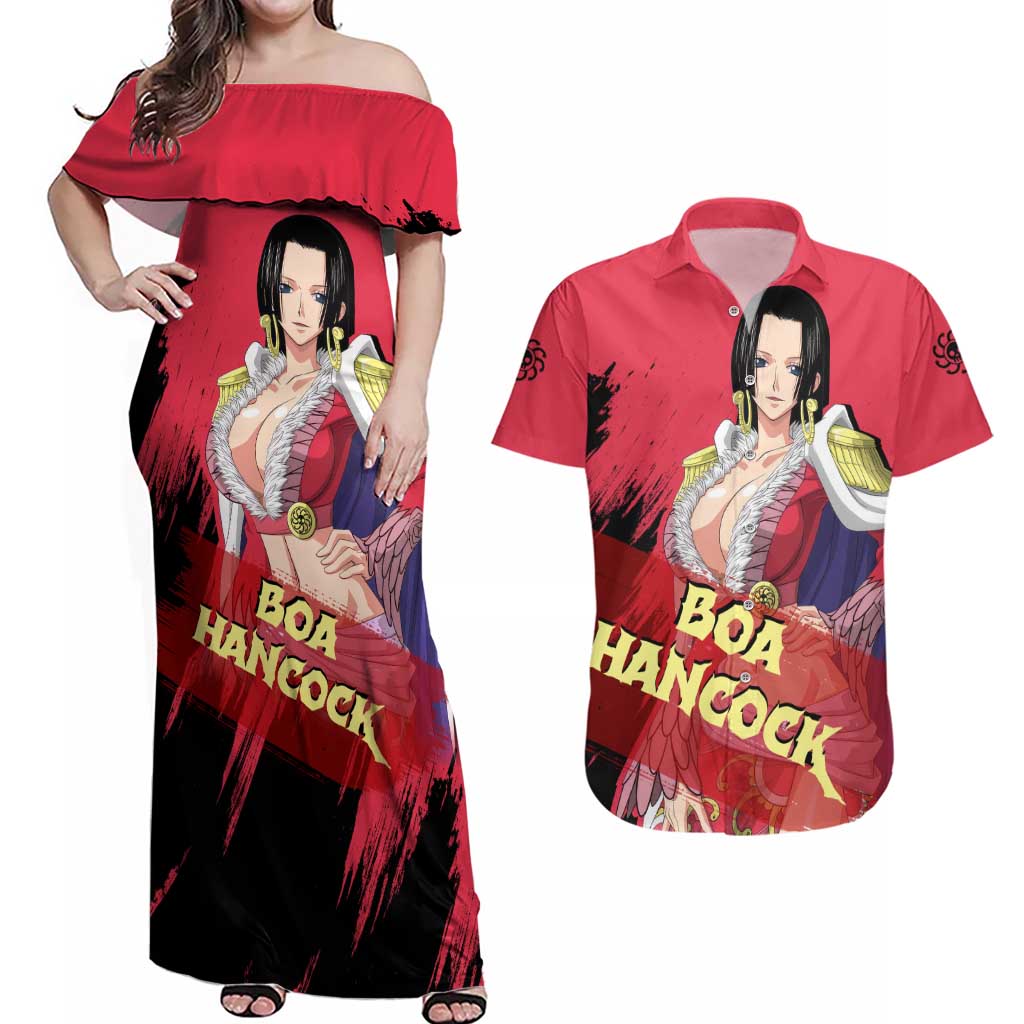 Boa Hancock - One Piece Couples Matching Off Shoulder Maxi Dress and Hawaiian Shirt Anime Style