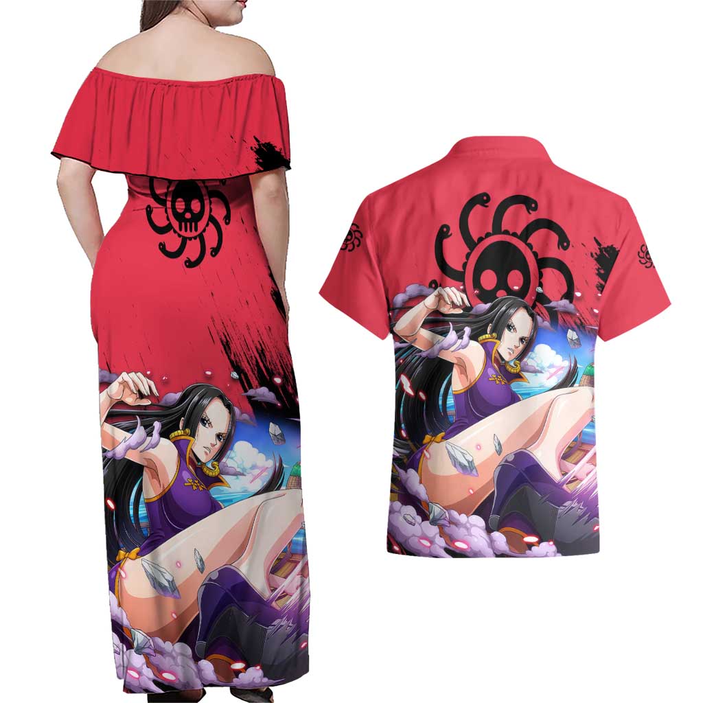 Boa Hancock - One Piece Couples Matching Off Shoulder Maxi Dress and Hawaiian Shirt Anime Style