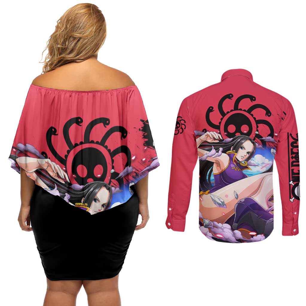 Boa Hancock - One Piece Couples Matching Off Shoulder Short Dress and Long Sleeve Button Shirt Anime Style