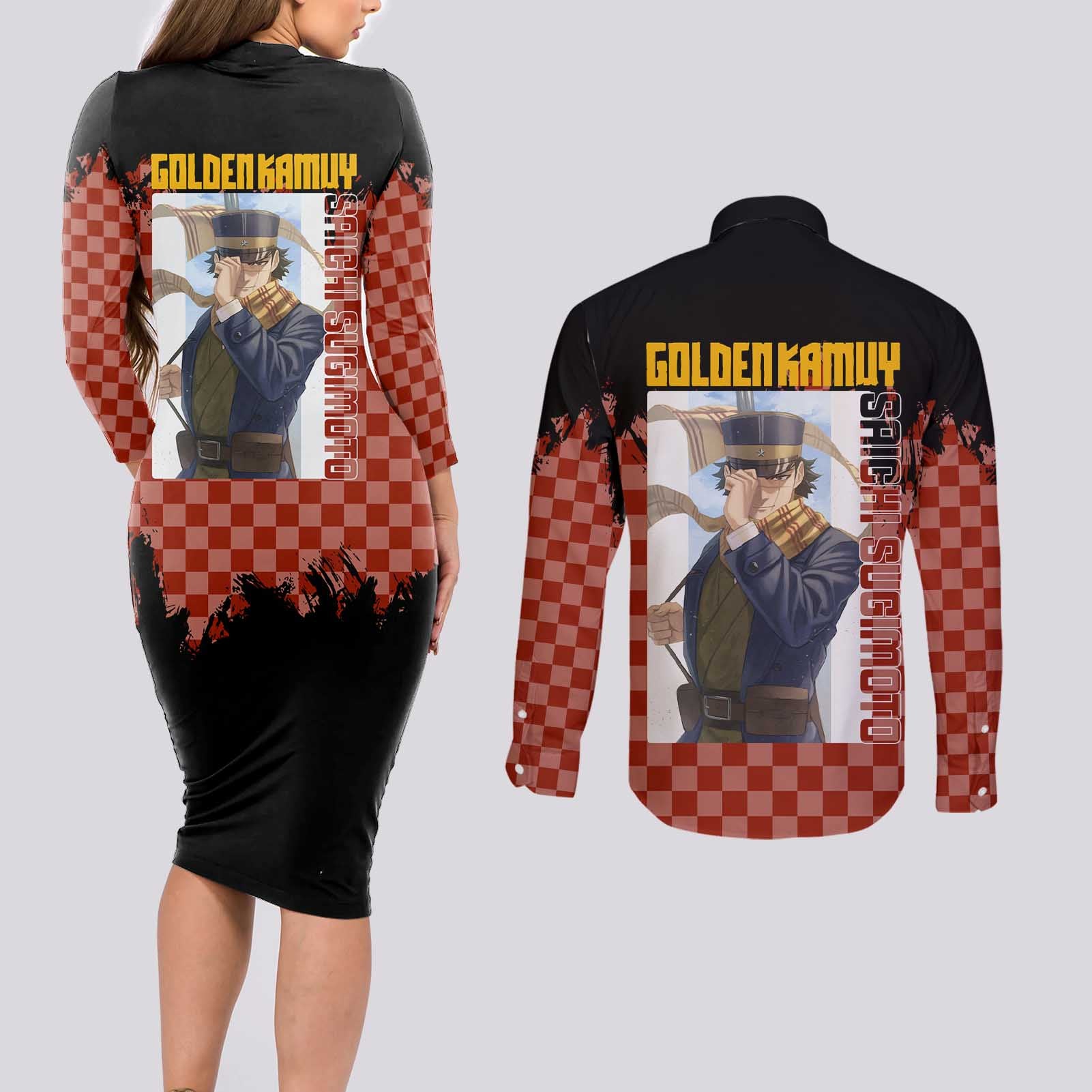 Saichi Sugimoto - Golden Kamuy Couples Matching Long Sleeve Bodycon Dress and Long Sleeve Button Shirt Anime Style