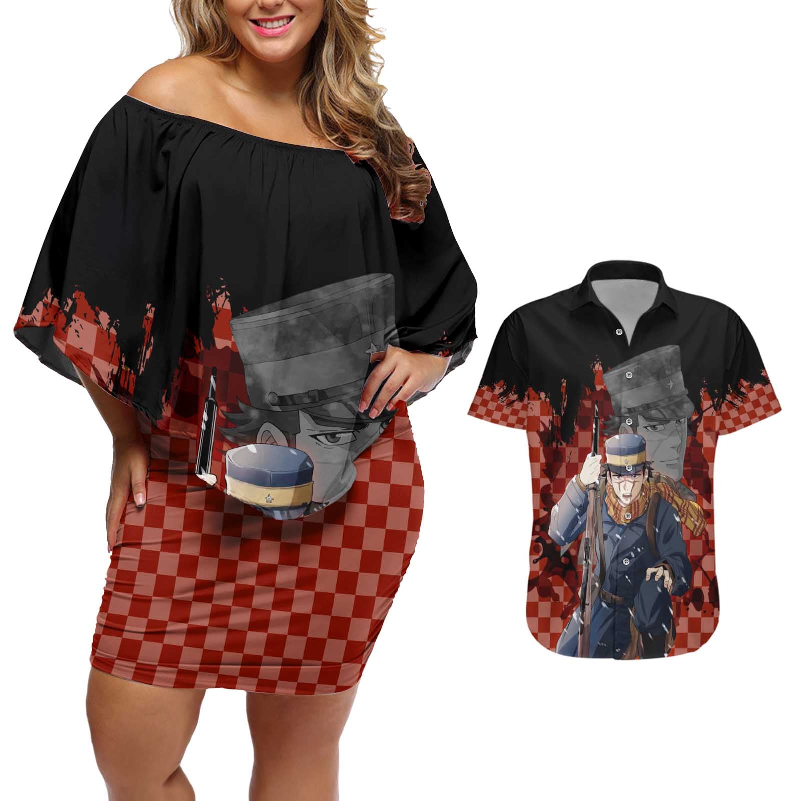 Saichi Sugimoto - Golden Kamuy Couples Matching Off Shoulder Short Dress and Hawaiian Shirt Anime Style