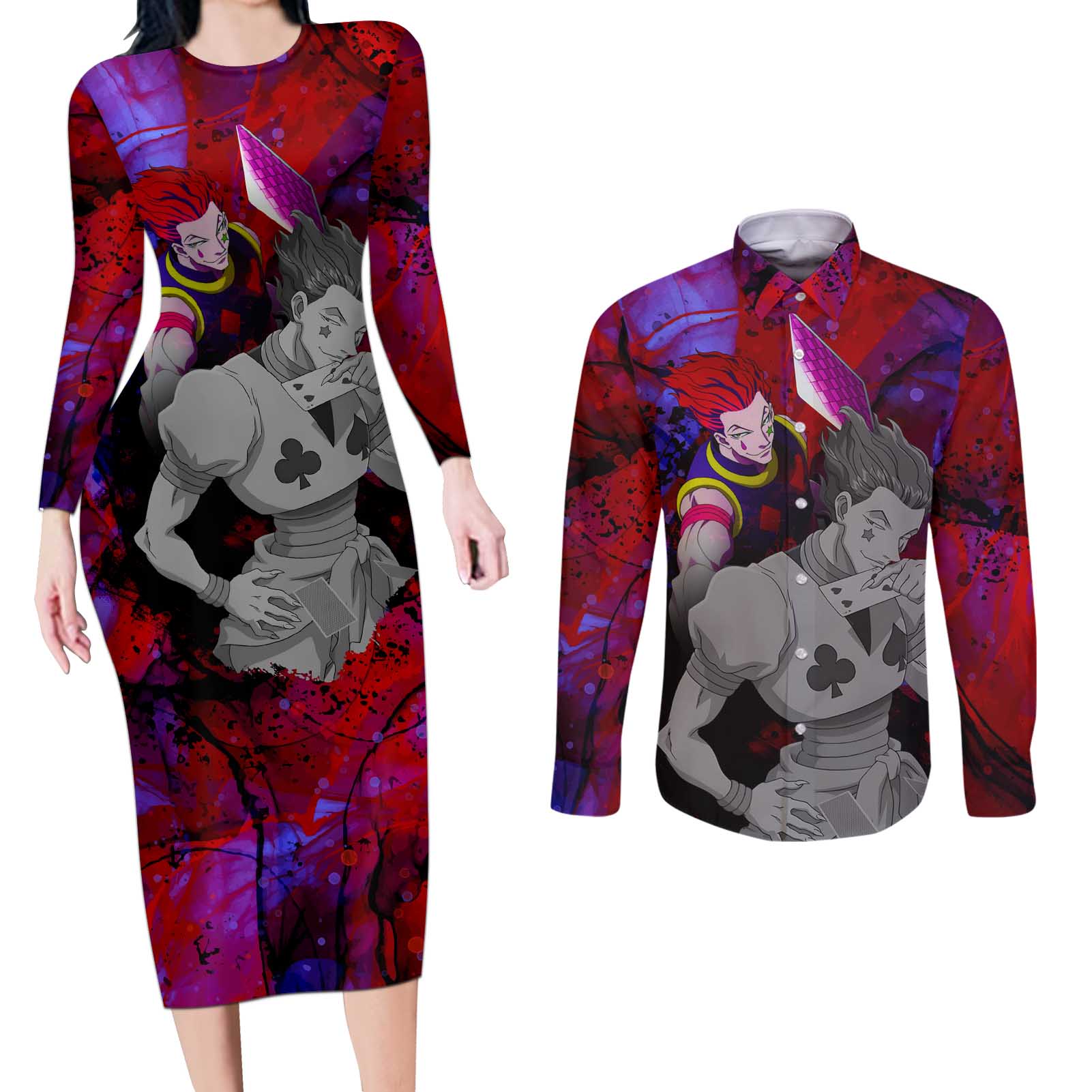 Hisoka Morow - Hunter X Hunter Couples Matching Long Sleeve Bodycon Dress and Long Sleeve Button Shirt Anime Style