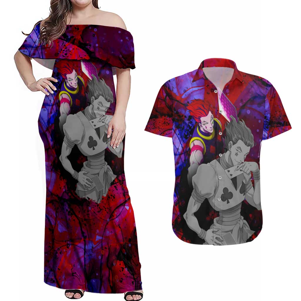 Hisoka Morow - Hunter X Hunter Couples Matching Off Shoulder Maxi Dress and Hawaiian Shirt Anime Style