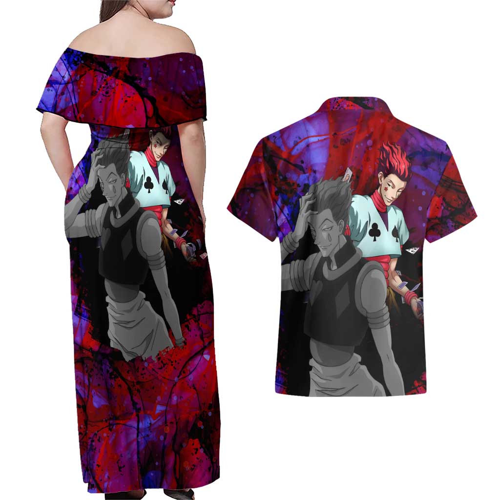 Hisoka Morow - Hunter X Hunter Couples Matching Off Shoulder Maxi Dress and Hawaiian Shirt Anime Style