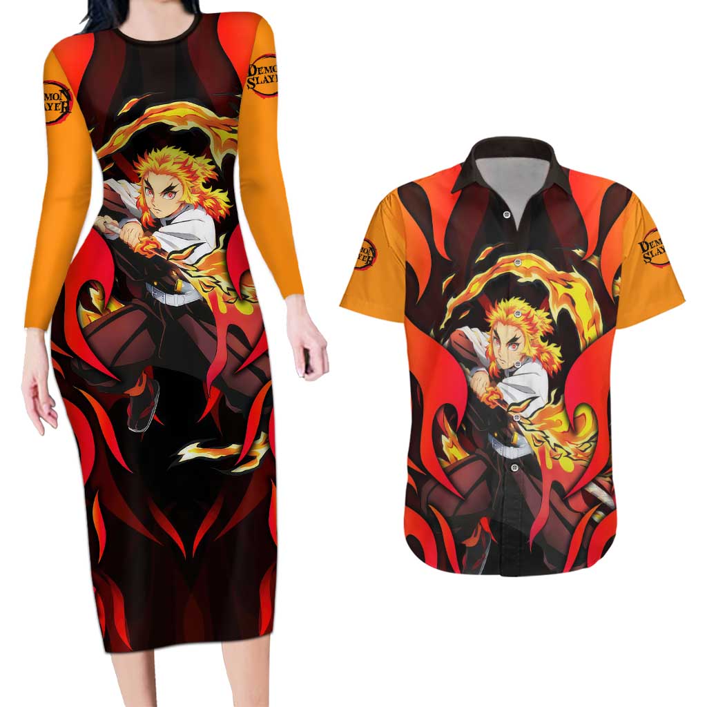 Rengoku Kyojuro - Demon Slayer Couples Matching Long Sleeve Bodycon Dress and Hawaiian Shirt Anime Style - The Mazicc