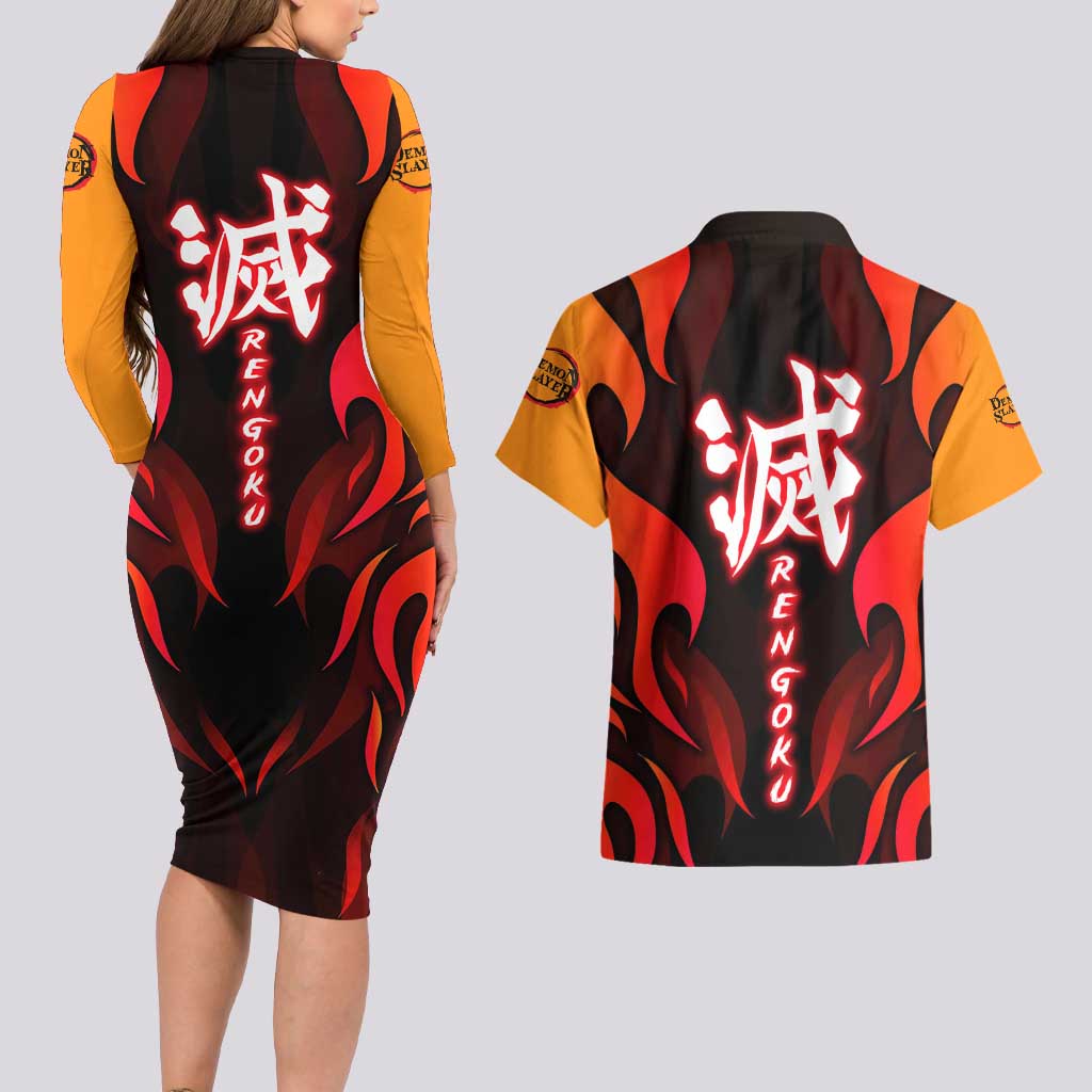 Rengoku Kyojuro - Demon Slayer Couples Matching Long Sleeve Bodycon Dress and Hawaiian Shirt Anime Style - The Mazicc