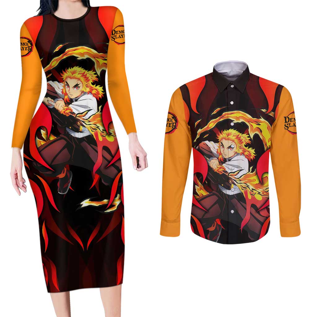 Rengoku Kyojuro - Demon Slayer Couples Matching Long Sleeve Bodycon Dress and Long Sleeve Button Shirt Anime Style - The Mazicc