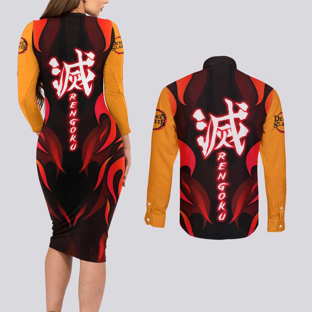 Rengoku Kyojuro - Demon Slayer Couples Matching Long Sleeve Bodycon Dress and Long Sleeve Button Shirt Anime Style - The Mazicc