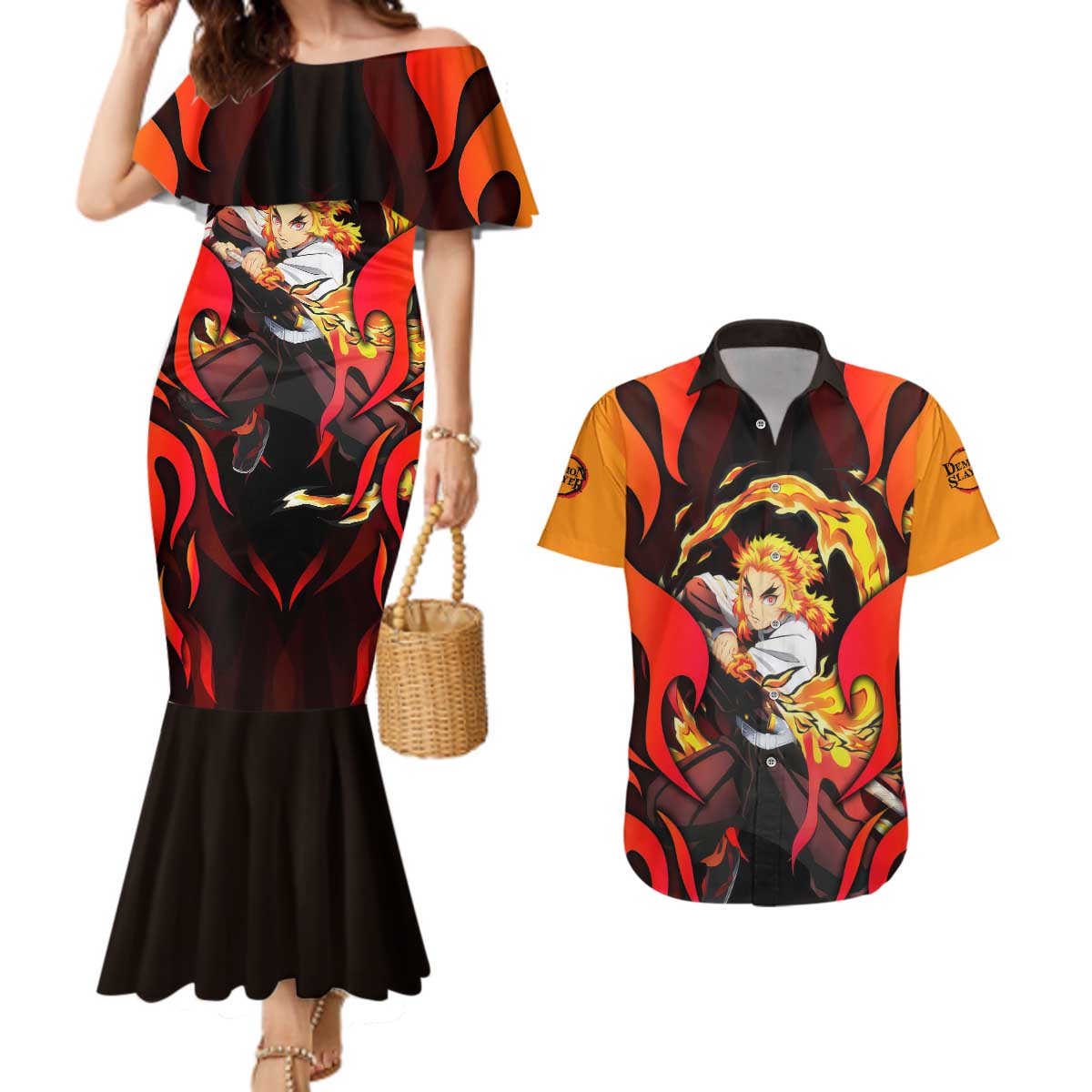Rengoku Kyojuro - Demon Slayer Couples Matching Mermaid Dress and Hawaiian Shirt Anime Style - The Mazicc