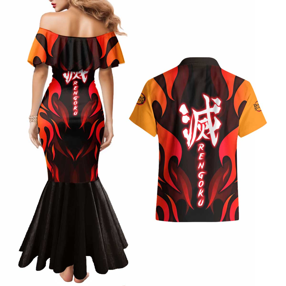Rengoku Kyojuro - Demon Slayer Couples Matching Mermaid Dress and Hawaiian Shirt Anime Style - The Mazicc