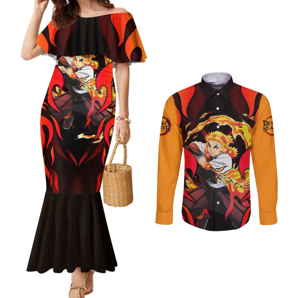 Rengoku Kyojuro - Demon Slayer Couples Matching Mermaid Dress and Long Sleeve Button Shirt Anime Style - The Mazicc
