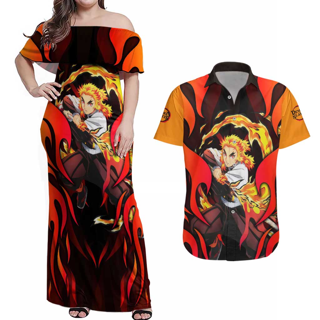 Rengoku Kyojuro - Demon Slayer Couples Matching Off Shoulder Maxi Dress and Hawaiian Shirt Anime Style - The Mazicc