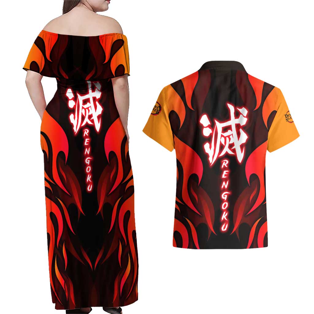 Rengoku Kyojuro - Demon Slayer Couples Matching Off Shoulder Maxi Dress and Hawaiian Shirt Anime Style - The Mazicc