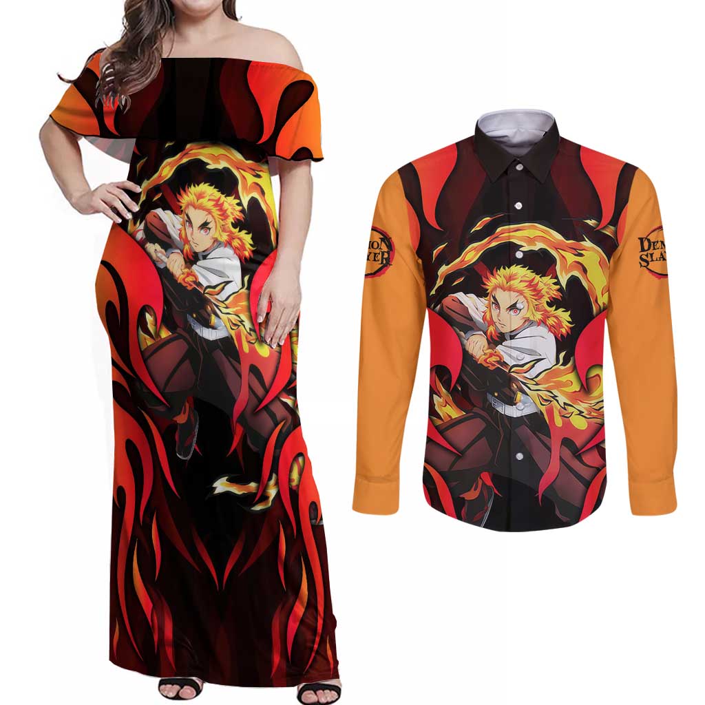 Rengoku Kyojuro - Demon Slayer Couples Matching Off Shoulder Maxi Dress and Long Sleeve Button Shirt Anime Style - The Mazicc