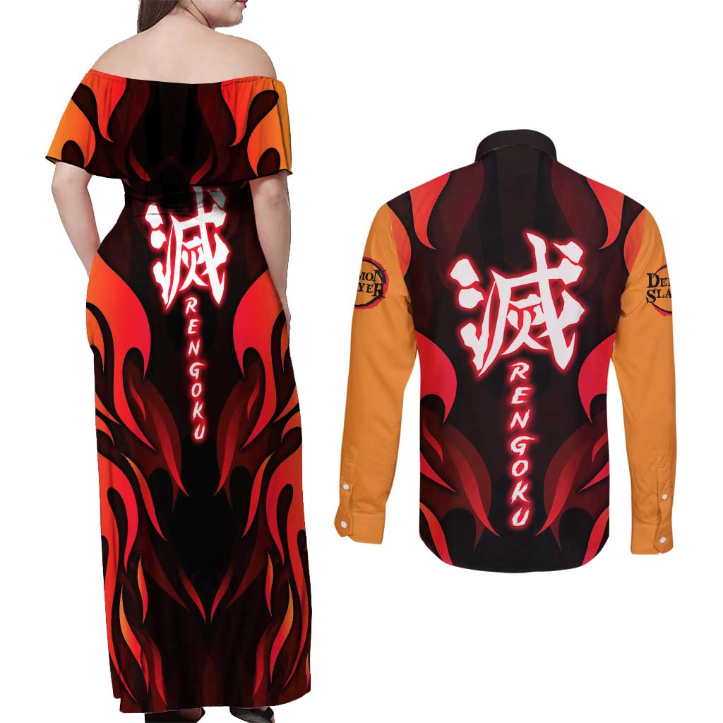 Rengoku Kyojuro - Demon Slayer Couples Matching Off Shoulder Maxi Dress and Long Sleeve Button Shirt Anime Style - The Mazicc