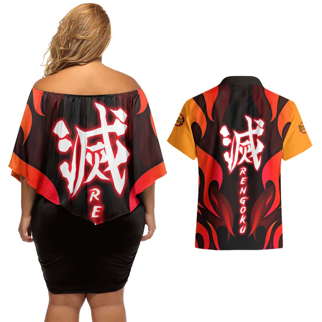 Rengoku Kyojuro - Demon Slayer Couples Matching Off Shoulder Short Dress and Hawaiian Shirt Anime Style - The Mazicc