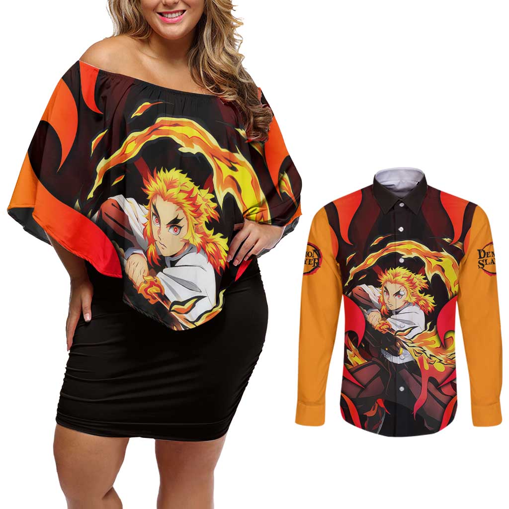 Rengoku Kyojuro - Demon Slayer Couples Matching Off Shoulder Short Dress and Long Sleeve Button Shirt Anime Style - The Mazicc