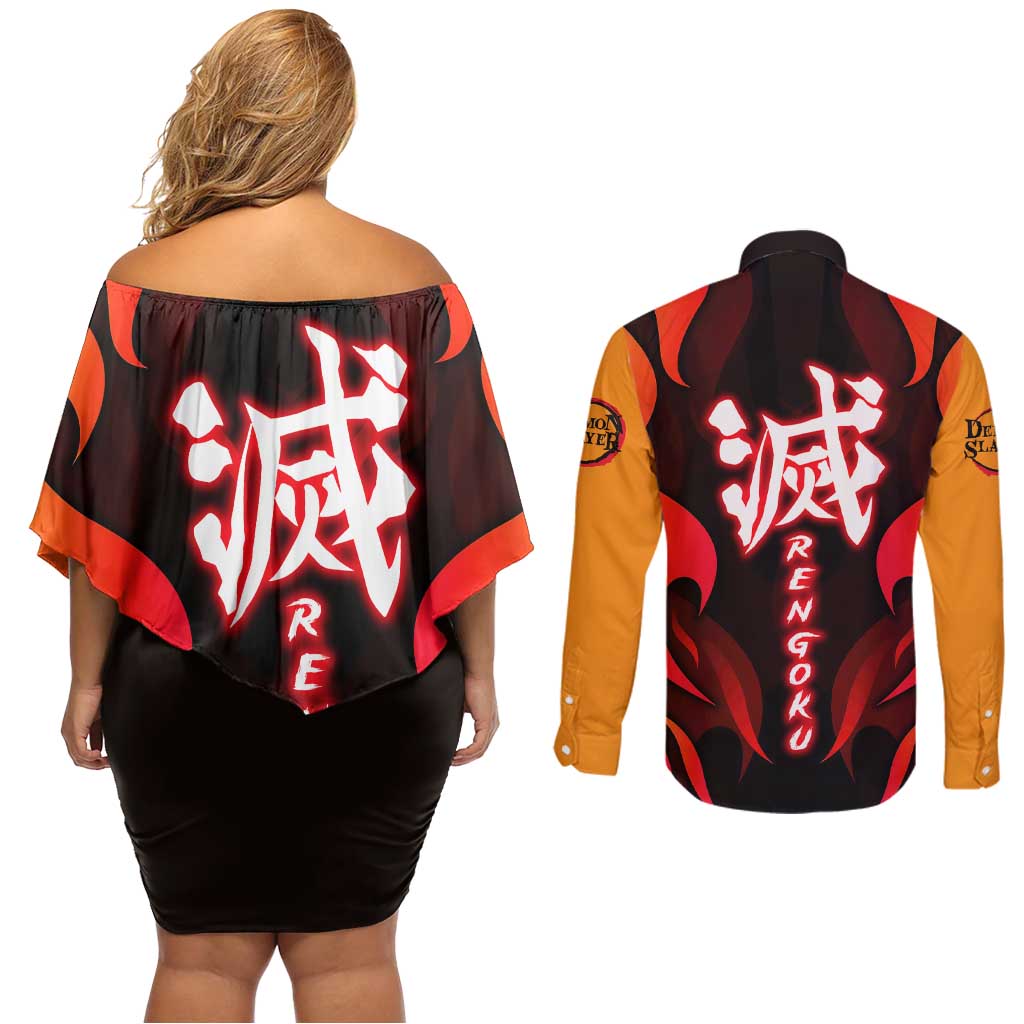 Rengoku Kyojuro - Demon Slayer Couples Matching Off Shoulder Short Dress and Long Sleeve Button Shirt Anime Style - The Mazicc
