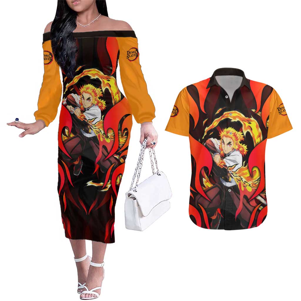Rengoku Kyojuro - Demon Slayer Couples Matching Off The Shoulder Long Sleeve Dress and Hawaiian Shirt Anime Style - The Mazicc