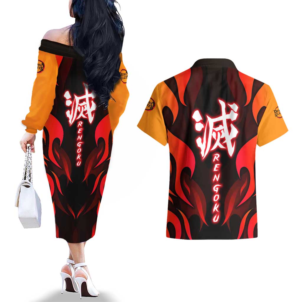 Rengoku Kyojuro - Demon Slayer Couples Matching Off The Shoulder Long Sleeve Dress and Hawaiian Shirt Anime Style - The Mazicc
