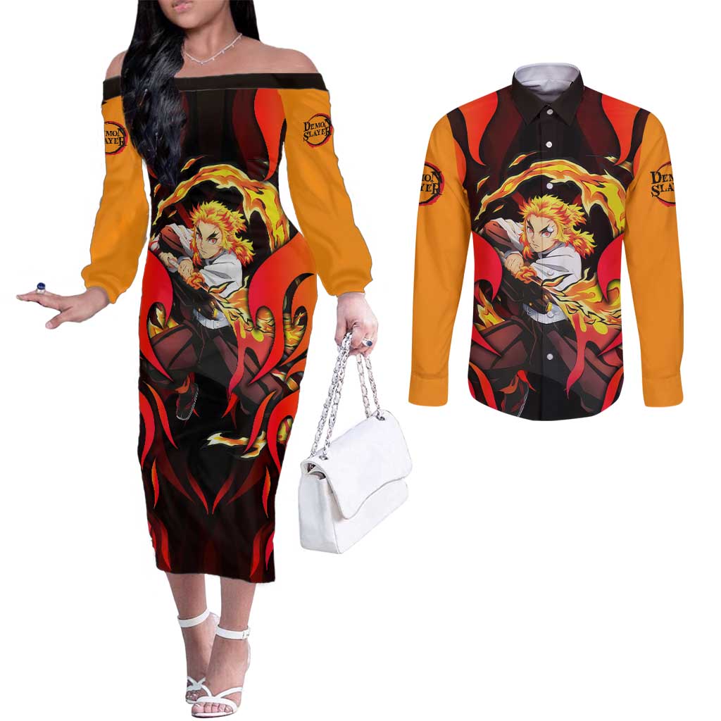 Rengoku Kyojuro - Demon Slayer Couples Matching Off The Shoulder Long Sleeve Dress and Long Sleeve Button Shirt Anime Style - The Mazicc