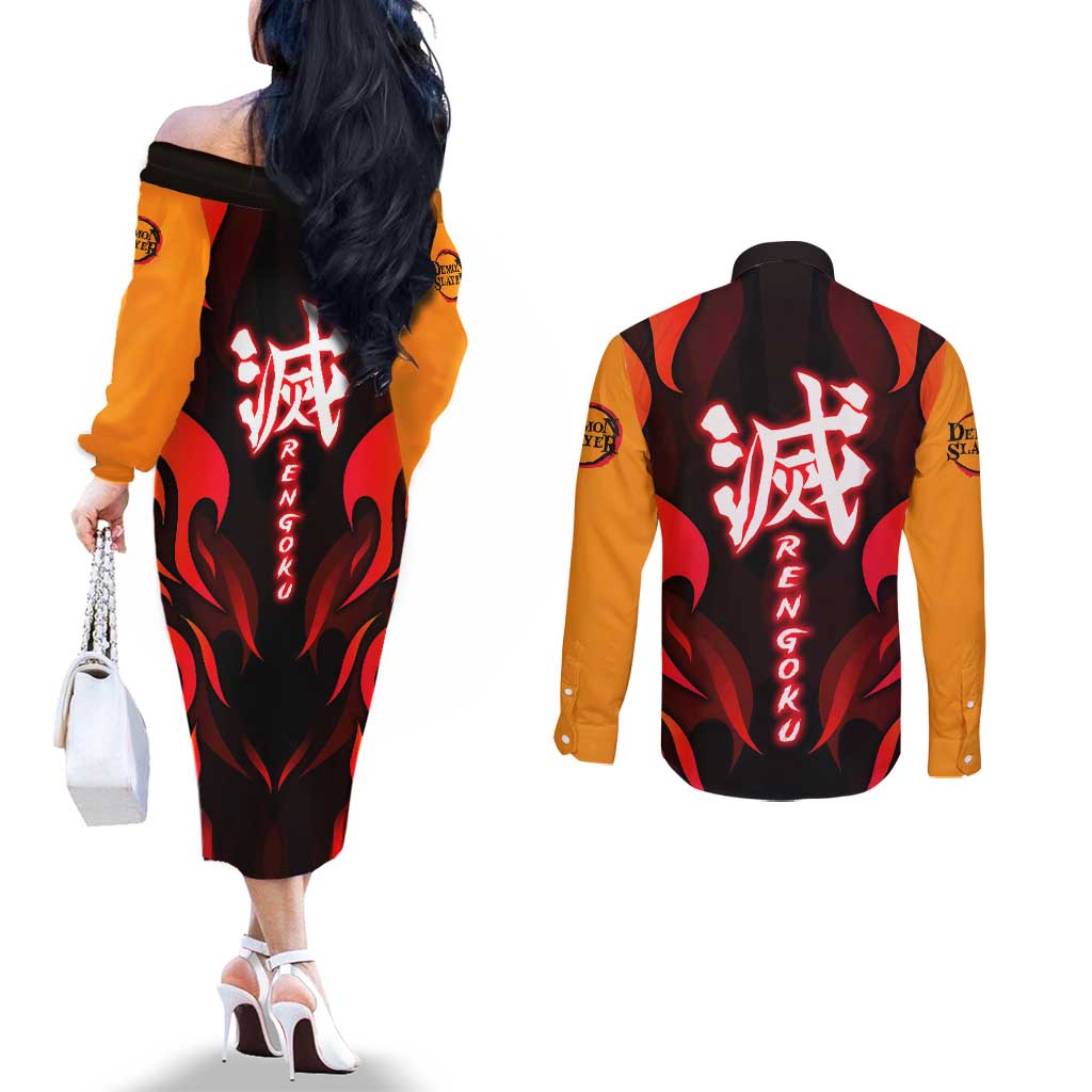 Rengoku Kyojuro - Demon Slayer Couples Matching Off The Shoulder Long Sleeve Dress and Long Sleeve Button Shirt Anime Style - The Mazicc