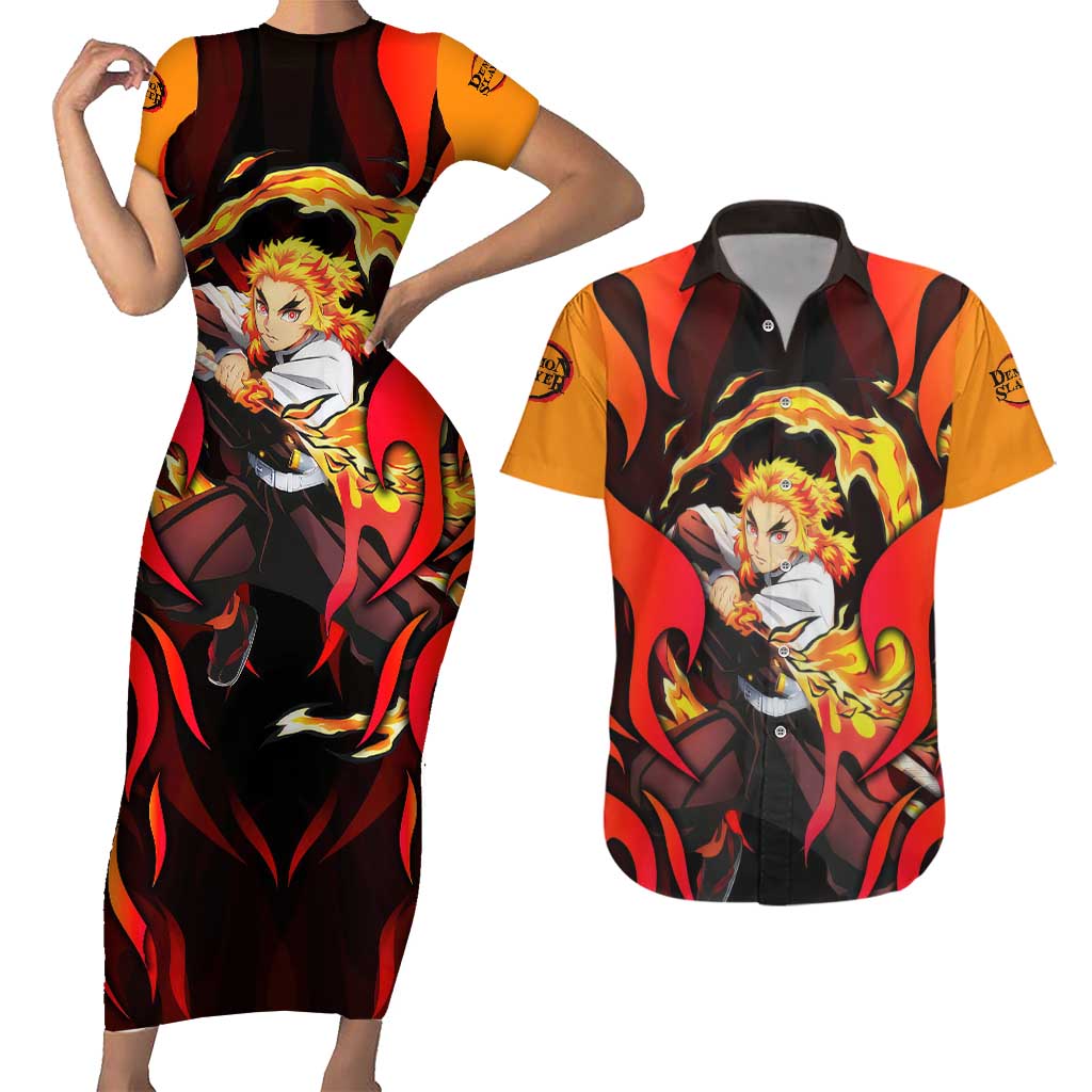 Rengoku Kyojuro - Demon Slayer Couples Matching Short Sleeve Bodycon Dress and Hawaiian Shirt Anime Style - The Mazicc